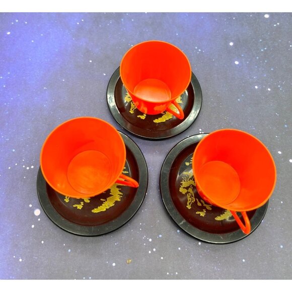 Vintage Irwin Plastic Doll Dishes Set Coffee Tea Japanese Style Black Orange - Picture 7 of 16